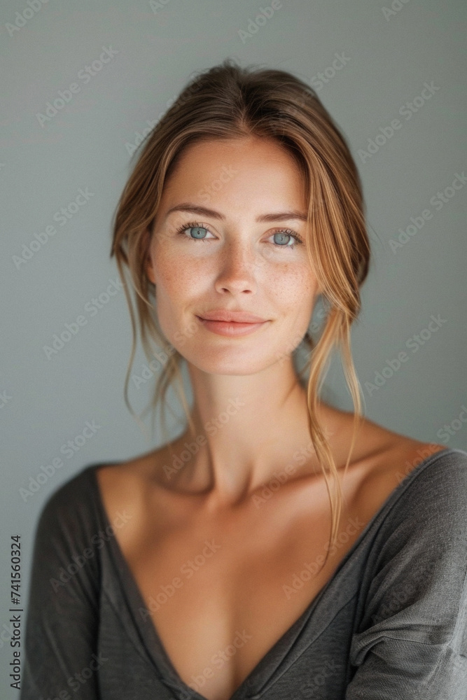 Happy attractive confident young adult or mid aged European woman posing for beauty aesthetic portrait. Beautiful lady smiling on background, attractive female model looking at camera. Close up face . Happy attractive confident young adult or mid aged European woman posing for beauty aesthetic portrait. Beautiful lady smiling on background, attractive female model looking at camera. Close up face .