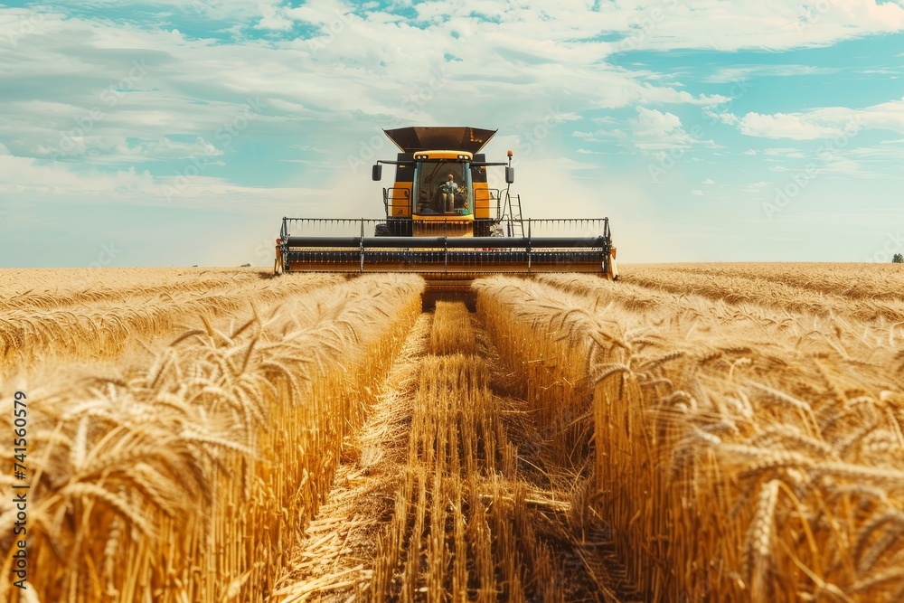 Fototapeta premium a tractor harvesting in a wheat field in the countryside