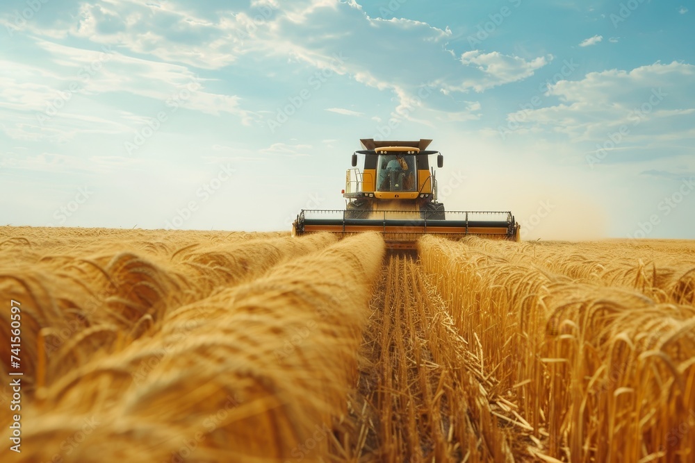 Fototapeta premium a tractor harvesting in a wheat field in the countryside
