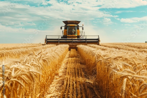 a tractor harvesting in a wheat field in the countryside