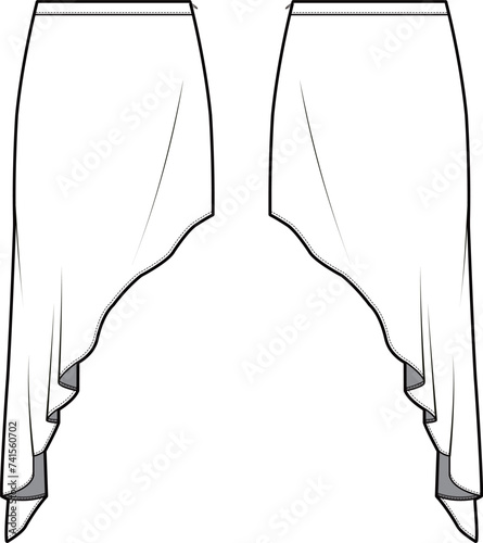 Technical flat sketch of Asymmetrical slip skirt. High low asymmetric mini skirt. Front and back apparel. Vector mock up Template. 
