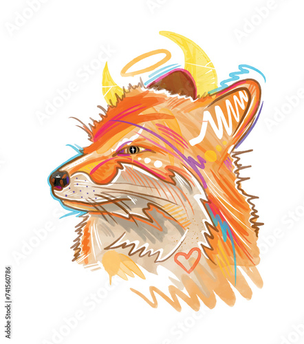 A sly fox with a month above his head. Colorful vector illustration print.
