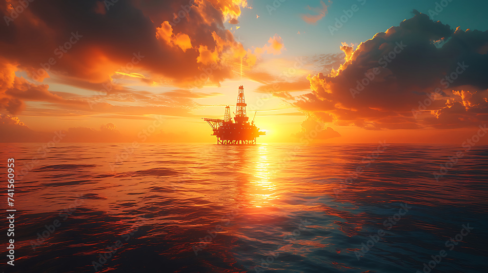 view of an oil platform in the middle of the ocean, brilliant sunlight - obrazy, fototapety, plakaty 