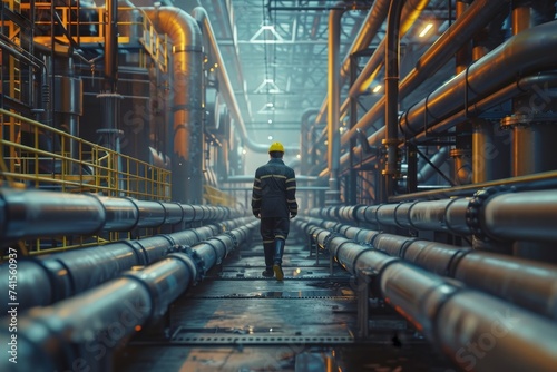 engineer inspecting an oil pipeline in an oil refinery plant  photo