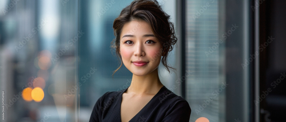 Beautiful confident Asian woman of middle age posing for portrait. Pretty mature adult lady model from Asia looking at camera smiling on background advertising products and services. Close up face . - obrazy, fototapety, plakaty 