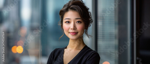 Beautiful confident Asian woman of middle age posing for portrait. Pretty mature adult lady model from Asia looking at camera smiling on background advertising products and services. Close up face .