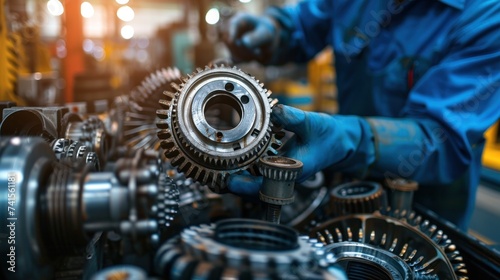 Mechanic engineers meticulously assemble automotive gear spare parts, guaranteeing precision across four distinct sets for optimal performance photo