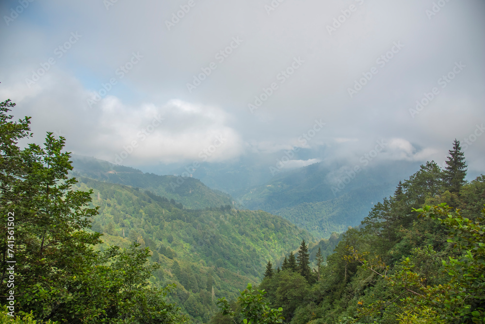 Fototapeta premium Various images from the Black Sea plateaus mountain peaks plateau houses clouds streams waterfalls lakes day and sunset colors