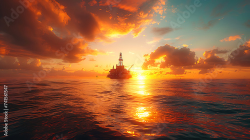 view of an oil platform in the middle of the ocean, brilliant sunlight photo