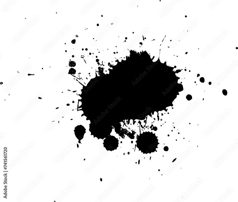 black ink dropped splash splatter on white background in grunge graphic element