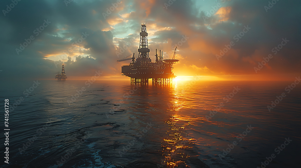 view of an oil platform in the middle of the ocean, brilliant sunlight