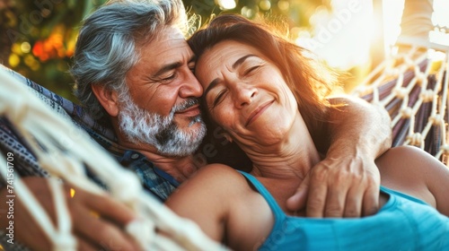 Elderly couple man and woman together on vacation people smiling outdoor -  love, care and happy on a retirement in summer. Valentines day holiday, romantic relationship © Richart