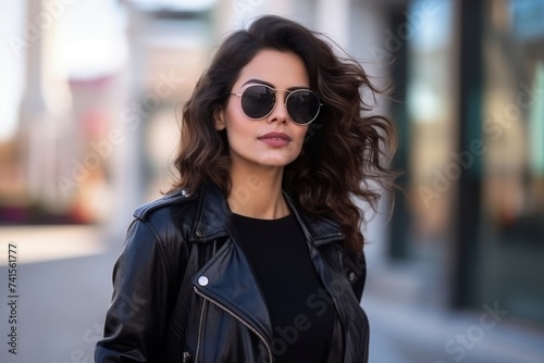 Portrait of a beautiful young woman in black leather jacket and sunglasses