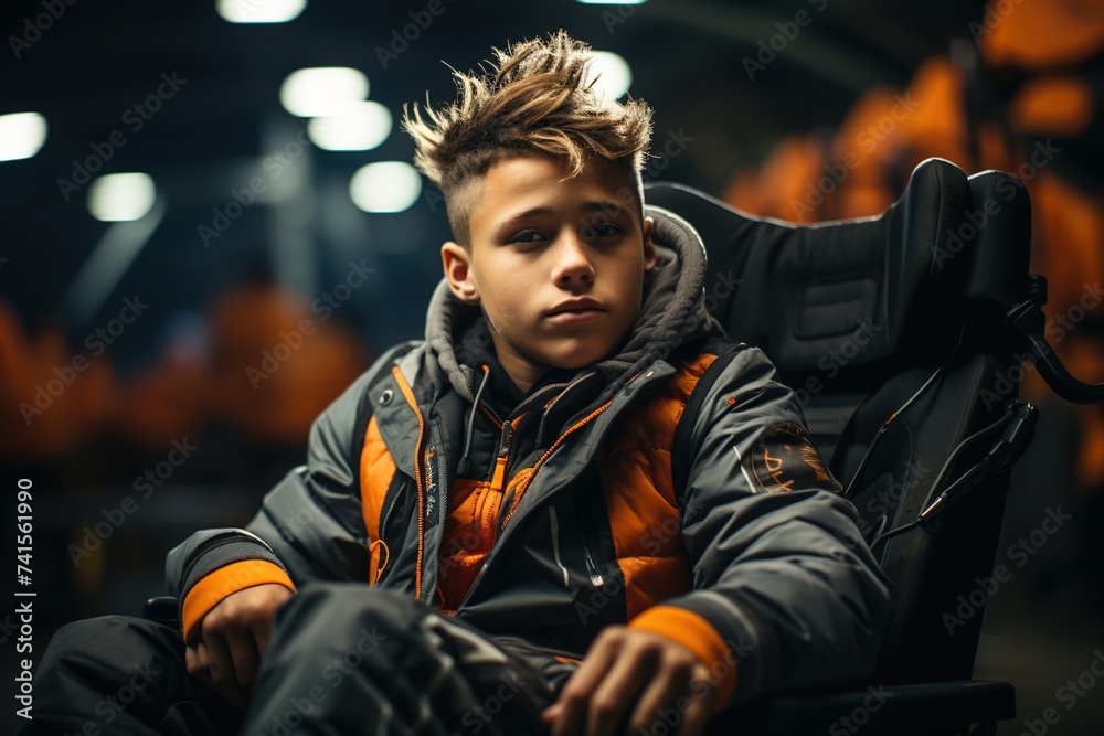 Obraz premium With a smile that lights up the stadium, a boy in a wheelchair enjoys the thrill of a football game, embracing the excitement of the moment
