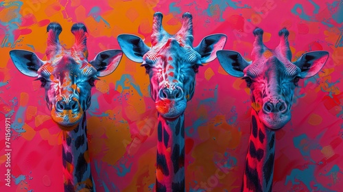 Three giraffes on a colorful background illustration.