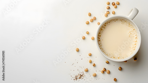 Cup of soybean milk on white background with copy space. Flat lay composition for design and print. Vegan beverage and healthy eating concept photo