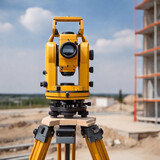 Geodetic instrument. Building under construction. Optical theodolite. Geodetic device on tripod. Construction site without anyone. Geodetic quality control of construction. AI generated.