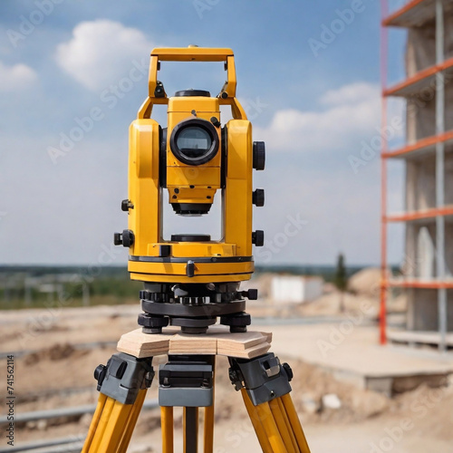 Geodetic instrument. Building under construction. Optical theodolite. Geodetic device on tripod. Construction site without anyone. Geodetic quality control of construction. AI generated.