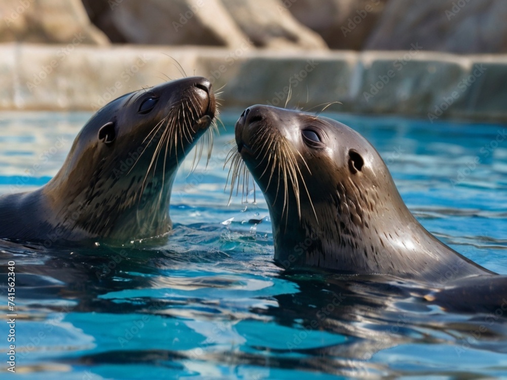 Fototapeta premium fur seals play in the pool at the zoo