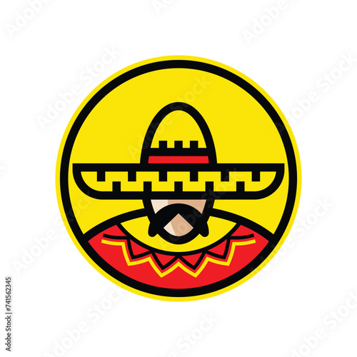 Colorful Mexican sombrero guy with thick mustache in circle