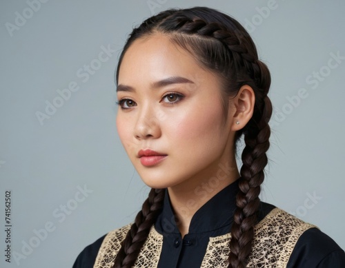 Image of an Asian woman with braided hair. AI generation