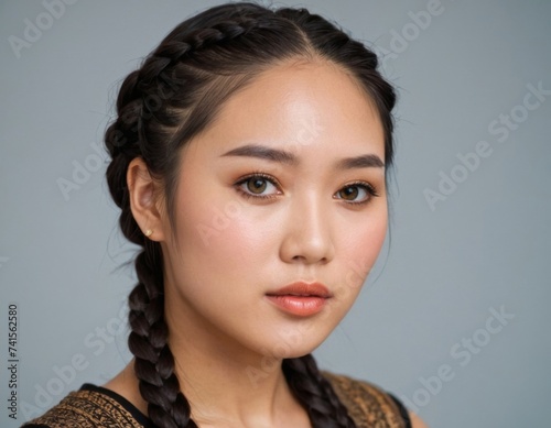 Image of an Asian woman with braided hair. AI generation