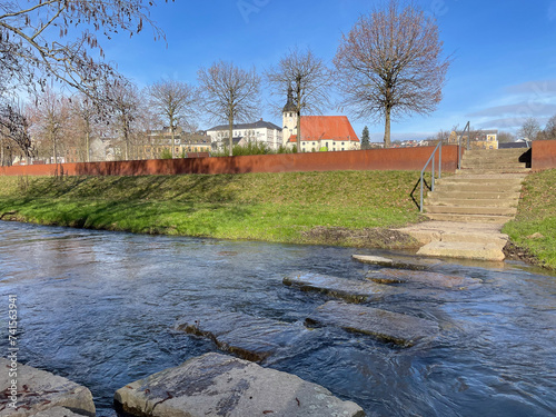 landscape with river in reichenbach im Vogtland, city saxony germany photo