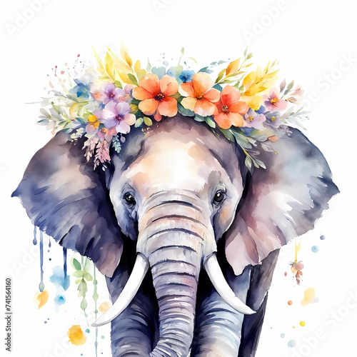 Portrait of an elephant with a wreatch of flowers on its head. Watercolor drawing in a warm color palette. The pattern is ideal for wallpaper posters postcards greeting invitation photo