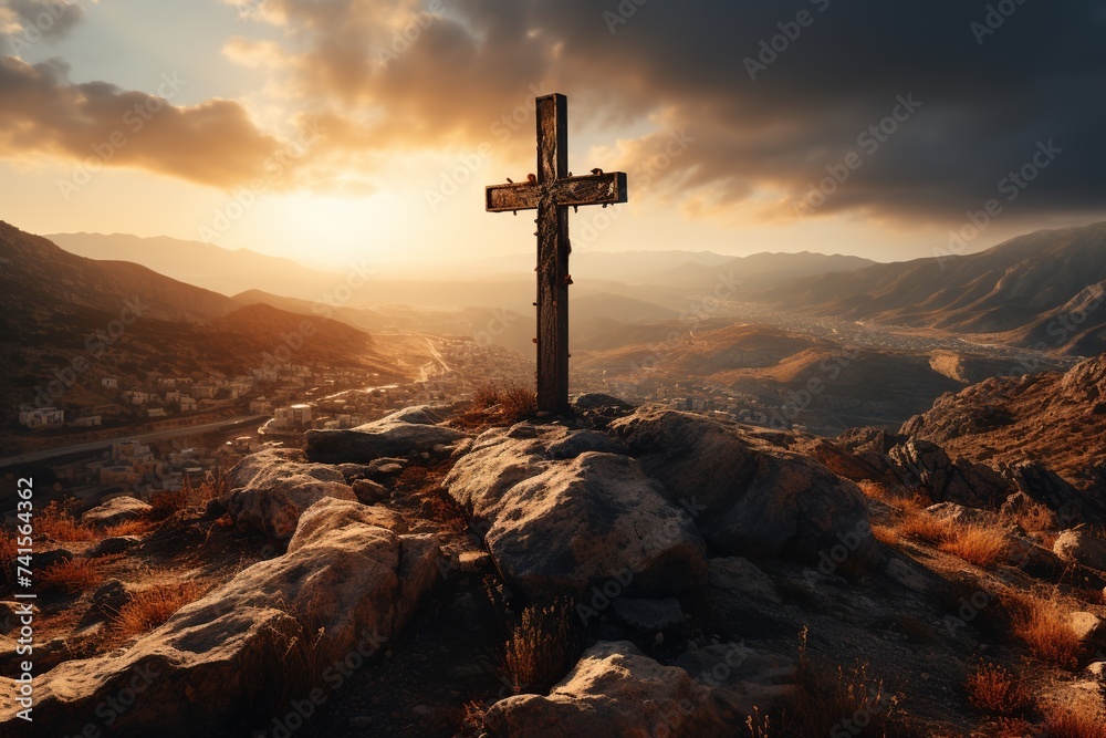 A symbol of faith and tranquility, a cross adorns the top of a hill, surrounded by the vibrant colors of a sunset and a captivating sky