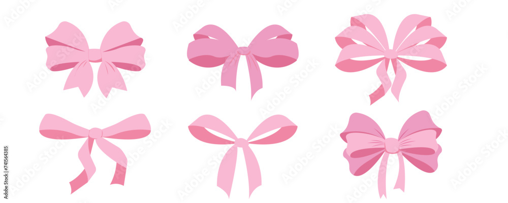 Pink bow coquette y2k aesthetic ribbon, elegant accessory, pastel tie isolated on white background. Lovely satin knot. - obrazy, fototapety, plakaty 