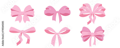 Pink bow coquette y2k aesthetic ribbon, elegant accessory, pastel tie isolated on white background. Lovely satin knot. photo