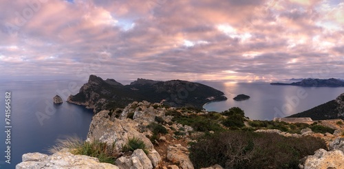 the Albercutx Watchtower scenic viewpoint and a view of Cap de Formentor in northwestern Mallorca at sunrise photo