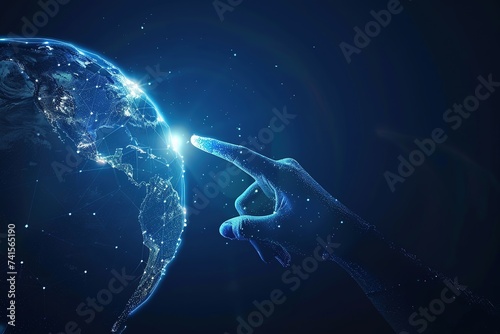 Close up of hand touching blue digital map in space, Global Sphere, technology concept connection Communication on a blue background