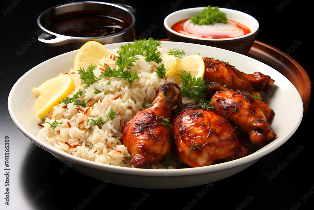 Delicious chicken run fried and rice scene with salad on a plate Delicious chicken run fried and rice scene with salad on a plate