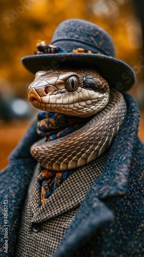 Sophisticated snake slithers through city streets, adorned in tailored elegance, epitomizing street style. The realistic urban backdrop captures the serpentine charm merged with contemporary fashion a