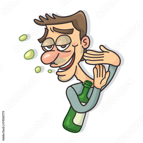 Funny drunk man and a bottle with timeout hands. Flat, Vector, Illustration, Cartoon, EPS10. Poster, Postcard,  Tshirt, ceramic. 