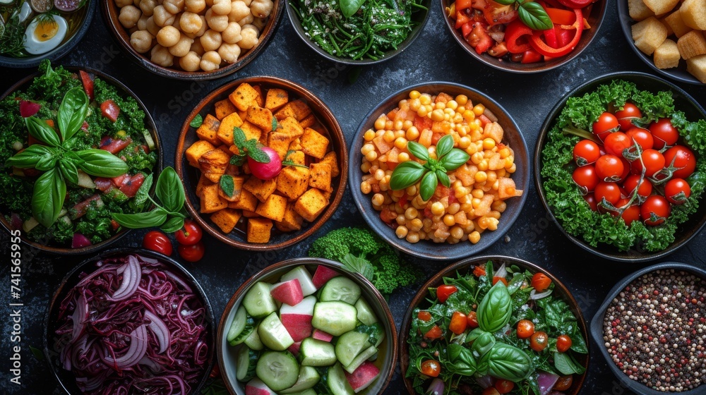 Plant-Based Cuisine: A collage of vibrant plant-based dishes, illustrating the growing trend of vegetarian and vegan culinary choices. 