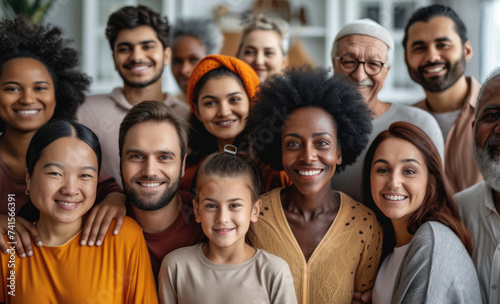 Portrait diverse group of people with smiles, Large group and multi-generation people, ethnicities, ages, social diversity, community outreach and teamwork, friendship, social responsibility © Intelligent Horizons