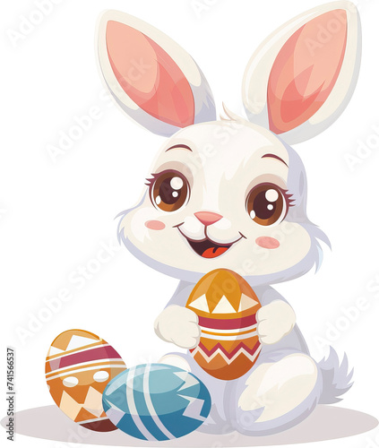 Happy Easter bunny holding eggs, cartoon style, isolated on transparent background. PNG