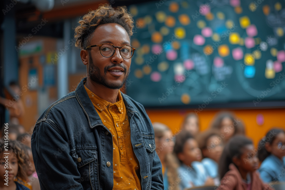 A dedicated teacher instructing a diverse group of students in a dynamic classroom setting. Concept of education and knowledge-sharing. Generative Ai. A dedicated teacher instructing a diverse group of students in a dynamic classroom setting. Concept of education and knowledge-sharing. Generative Ai.