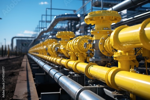 Against the backdrop of a factory, industrial yellow pipelines and valves form a labyrinthine network, illustrating the complex infrastructure that powers manufacturing operations