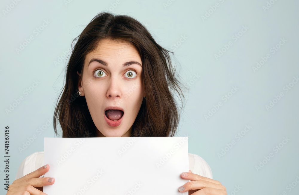 excited girl holding blank paper on white background excited girl holding blank paper on white background