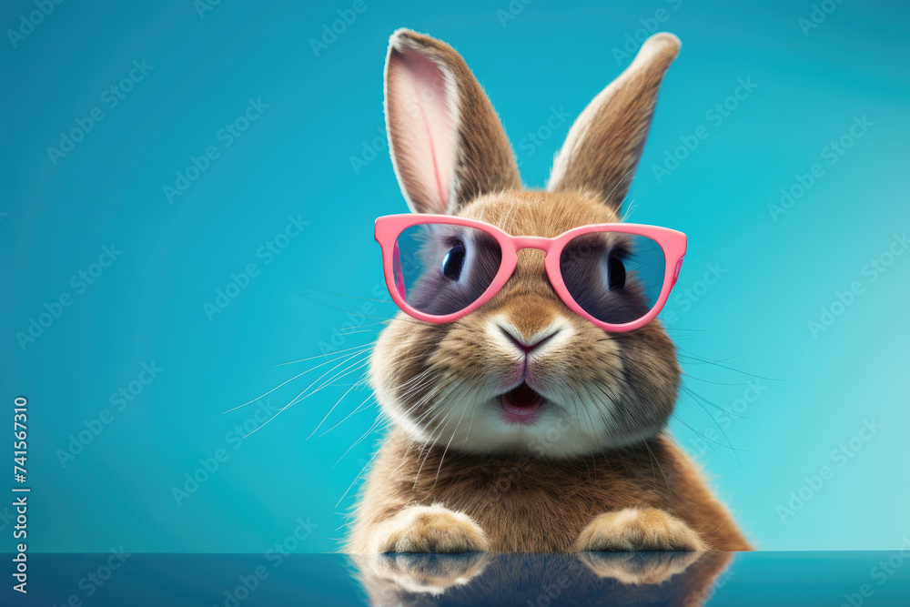 Happy Easter bunny wearing sunglasses on blue background, Happy Easter concept Happy Easter bunny wearing sunglasses on blue background, Happy Easter concept