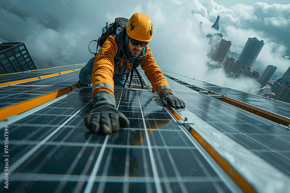 custom made wallpaper toronto digitalEngineer Installing Solar Panels. A skilled technician in safety gear meticulously installs solar panels on a roof against a blue sky, symbolizing renewable energy advancement.