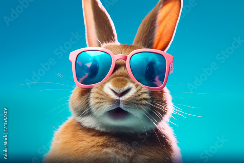 Happy Easter bunny wearing sunglasses on blue background, Happy Easter concept