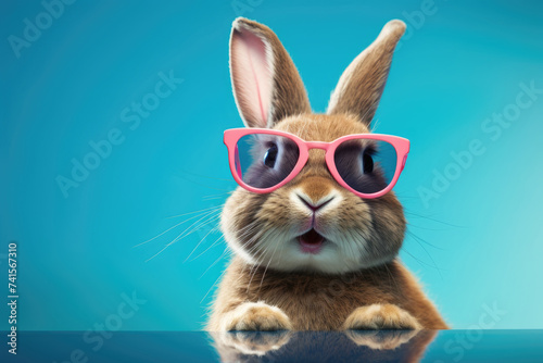 Happy Easter bunny wearing sunglasses on blue background, Happy Easter concept