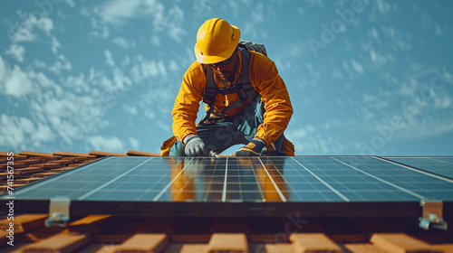 Engineer Installing Solar Panels. A skilled technician in safety gear meticulously installs solar panels on a roof against a blue sky, symbolizing renewable energy advancement.