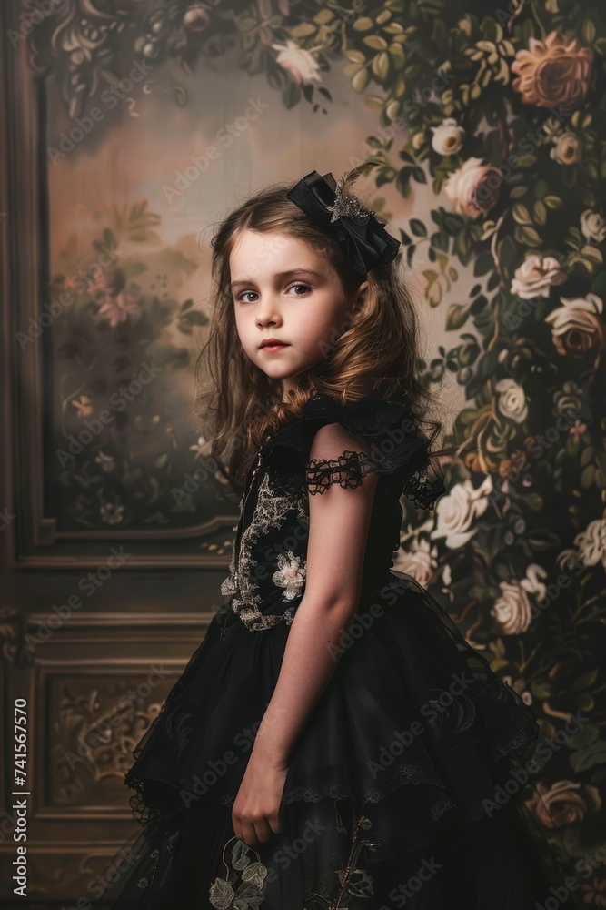 Young Girl in Black Dress Standing in Front of Floral Wall. Generative AI Young Girl in Black Dress Standing in Front of Floral Wall. Generative AI