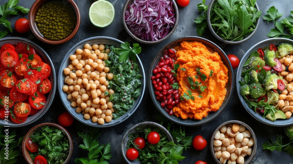 Plant-Based Cuisine: A collage of vibrant plant-based dishes, illustrating the growing trend of vegetarian and vegan culinary choices. 