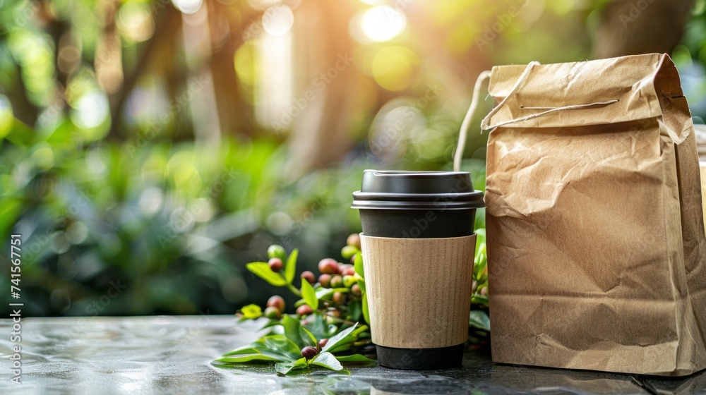Warmth and comfort of a cozy coffee break with an image featuring a take-away cup of hot coffee accompanied by a brown bag. Generative AI technology - obrazy, fototapety, plakaty 